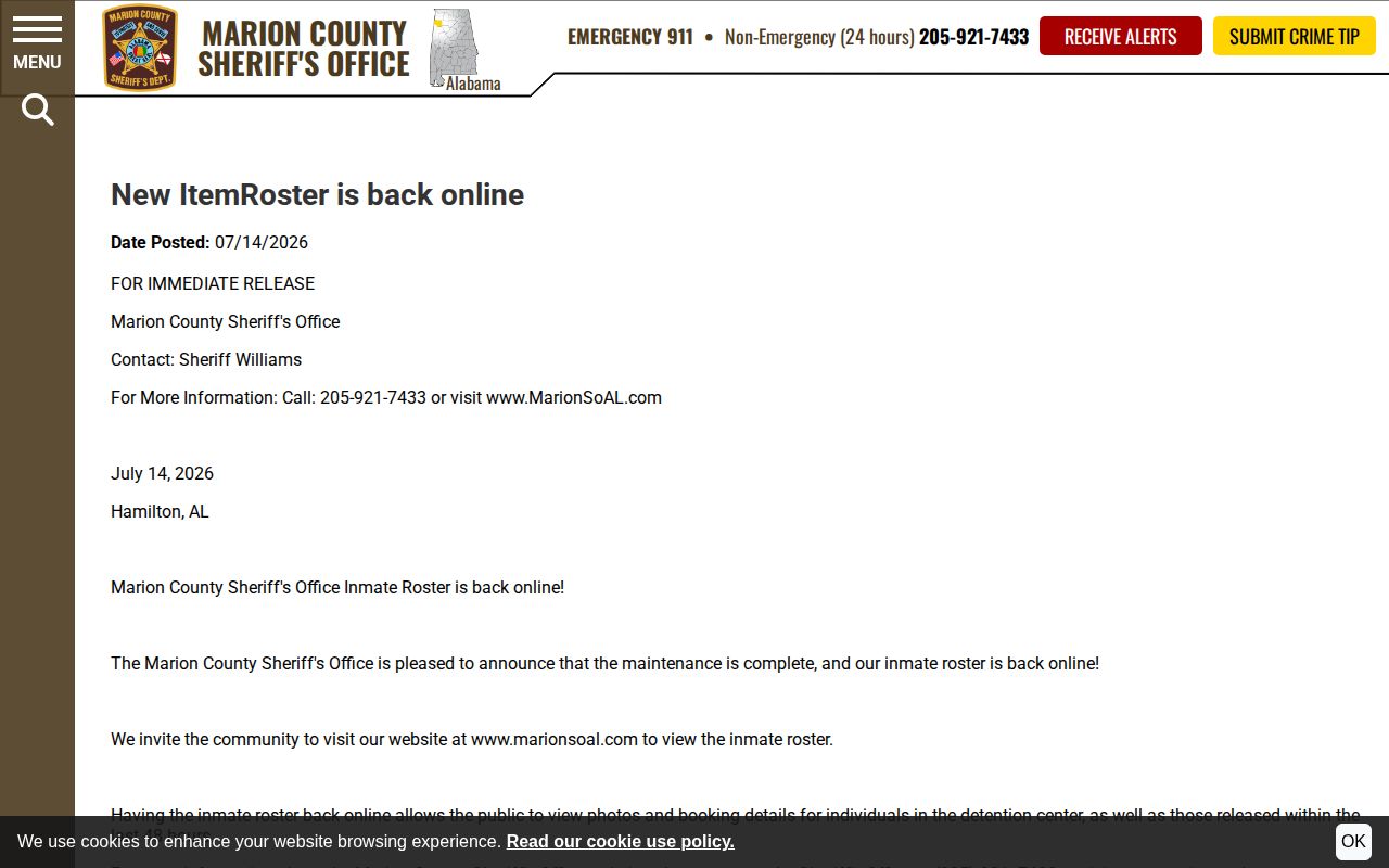 Marion County Sheriff roster returned after maintenance notice