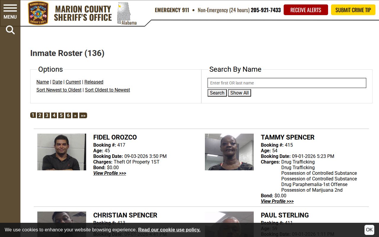 Marion County Sheriff current roster newest booking controls