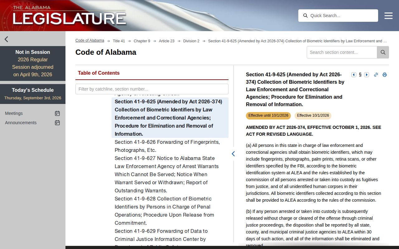 Alabama biometric law for Marion arrest records