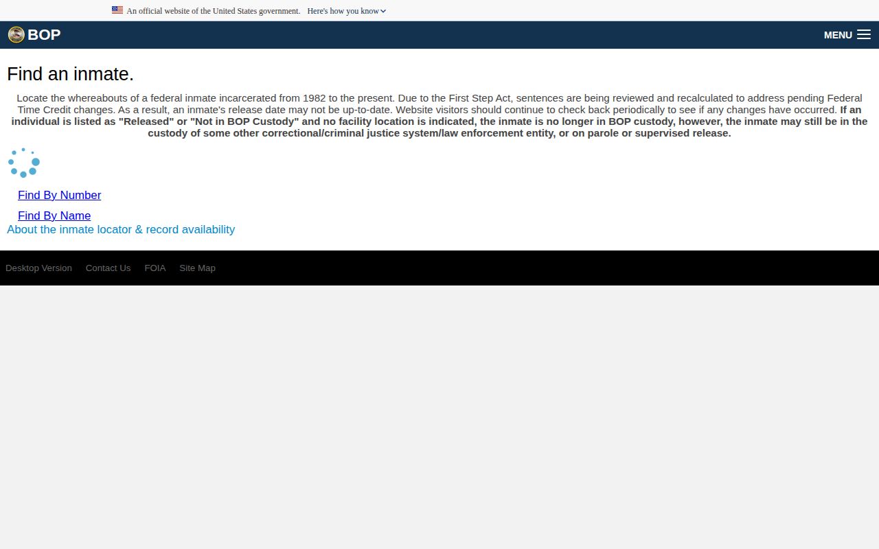 Federal Bureau of Prisons inmate locator search form